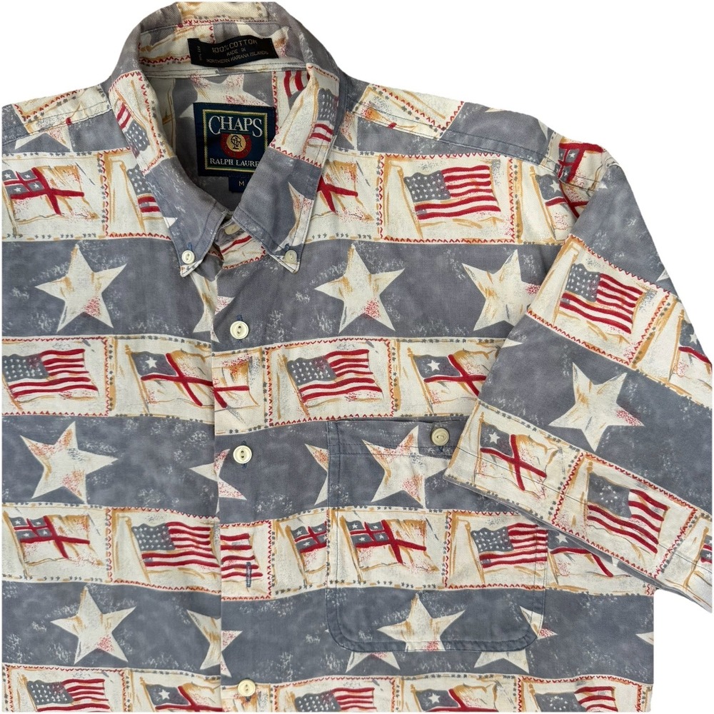 VTG Chaps Ralph Lauren AOP American Flag•Medium Patriotic USA Olympics Buttonup